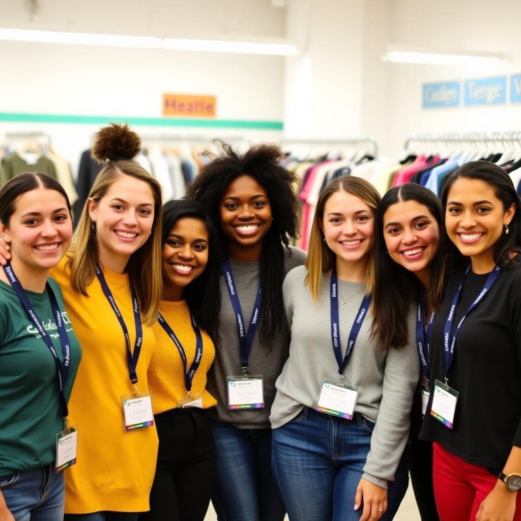 Group of smiling young volunteers with lanyards