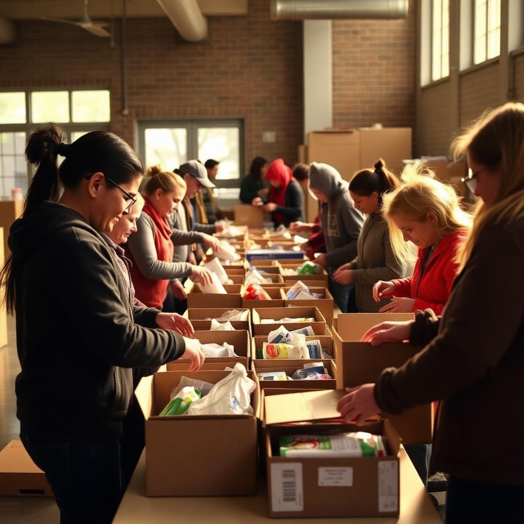 Volunteers packing donation boxes
