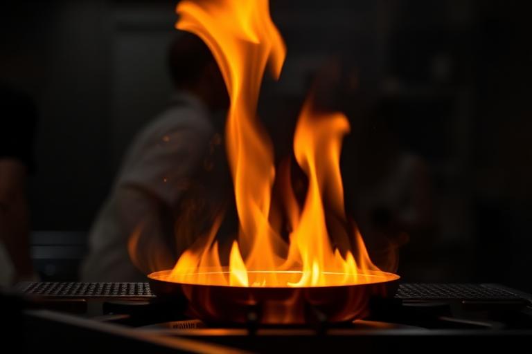 Restaurant burner flame under a pan
