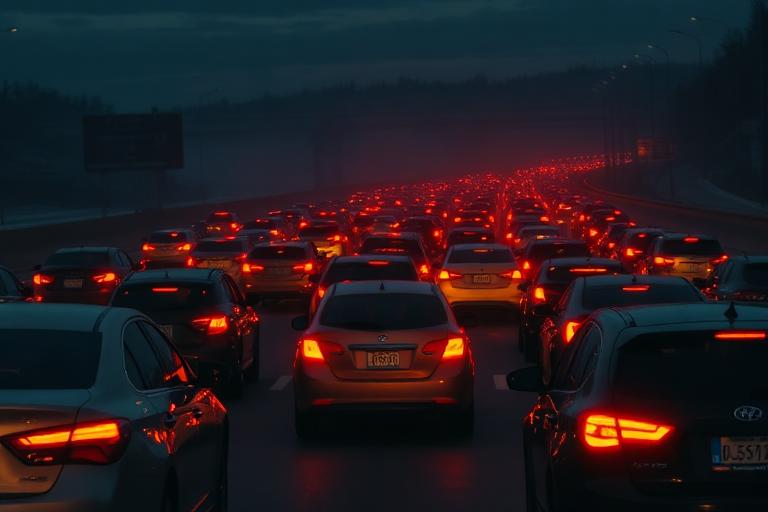 Rush-hour traffic jam with exhaust haze