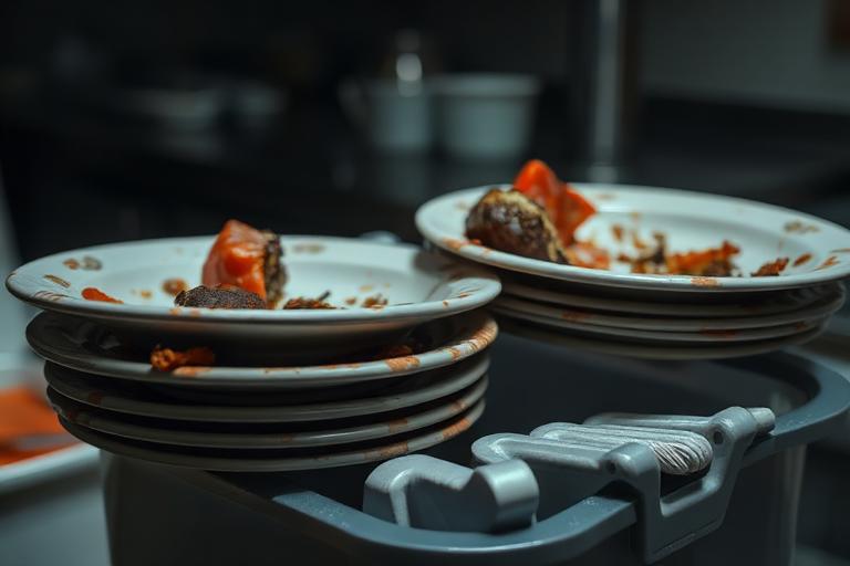 Dirty plates with leftover food beside a bin